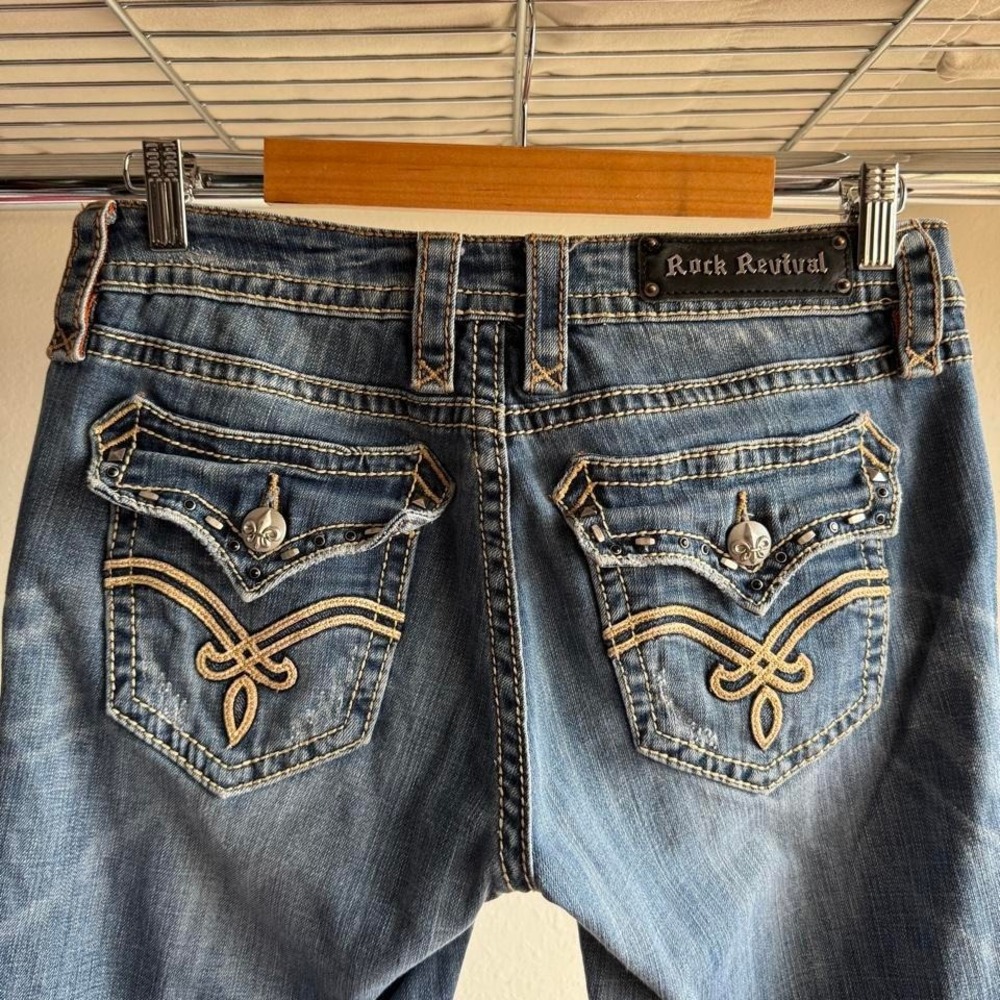 Rock Revival Medium Wash Bootcut Jeans Fleur De Lis Embroidery Y2K Sz 28